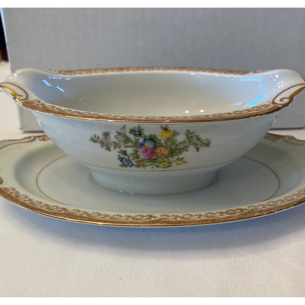 Empress China Gravy Boat with Attached Underplate Floral Gold Trim Japan